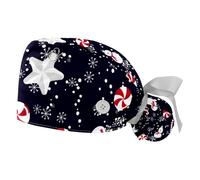 Paquete de 2 gorros quirúrgicos para mujer, sombrero de enfermera de murciélago para Halloween, sombrero ajustable con lazo trasero, pelo largo, Muñeco de nieve navideño, Medium