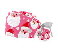 Paquete de 2 gorros quirúrgicos para mujer, sombrero de enfermera de murciélago para Halloween, sombrero ajustable con lazo trasero, pelo largo, Santa Claus Rosa, Medium