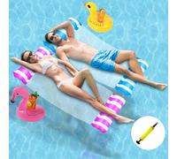 Paquete de 2 inflables de piscina Lilo, hamaca inflable multiusos 4 en 1 con bomba de aire y 2 soportes inflables para bebidas, flotadores de piscina para adultos, hamaca de agua Lilo para piscina
