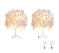 Paquete de 2 lámparas de mesa de plumas Lámpara de mesilla de noche Lámpara de mesilla de noche Base blanca con bombilla de 3 W para sala de estar, dormitorio, decoración del hogar, S