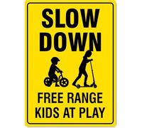Paquete de 2 letreros de metal de advertencia Slow Down Free Range Kids at Play de 8 x 12 pulgadas, advertencia de seguridad clara, para el hogar y el negocio, interior y exterior, seguridad infantil