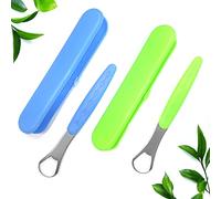 Paquete de 2 limpiadores raspadores de lengua para adultos y niños, paquete con estuche de viaje de grado médico, juego de cepillos de lengua de acero inoxidable, cuidado bucal para el mal aliento