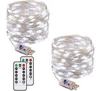 [Paquete de 2] luces LED de cadena impermeables, 120 LED de 12 m / 40 pies de luces de hadas enchufables, temporizador de brillo ajustable para dormitorio, boda (blanco frío)