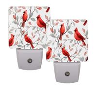 Paquete de 2 luces LED de noche enchufables en la pared, pájaro cardenal rojo en ramas, lámpara de noche con sensor automático, lámpara de noche del atardecer al amanecer para dormitorio, baño