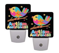 Paquete de 2 luces LED nocturnas con diseño de pájaro de concienciación sobre el autismo, atenuación automática, enchufe en la pared con sensor de atardecer a amanecer, ahorro de energía para
