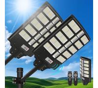 Paquete de 2 luces solares de calle de 5600 W para exteriores, 560000 lm, IP67, impermeable, con control remoto, sensor de movimiento del atardecer al amanecer, luces solares de seguridad para