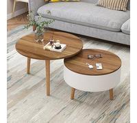 Paquete de 2 mesas auxiliares redondas anidadas con almacenamiento, mesas auxiliares de madera apilables con tapa abatible, pequeño compartimento oculto para sala de estar o espacios pequeños (70 cm