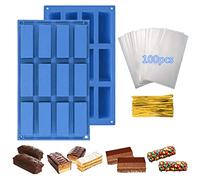 Paquete de 2 moldes rectangulares de silicona para barra de granola de 12 cavidades + 100 bolsas de golosinas, pastel de queso, mantequilla y jabón (azul)
