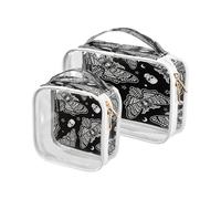 Paquete de 2 neceseres de maquillaje transparente para viajes, diseño de polilla, calavera, luna, esotérico, para mujeres, hombres y niñas, bolsa organizadora de cosméticos del Día de los Muertos para