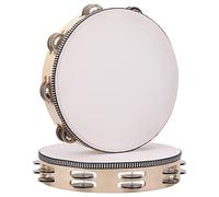 Paquete de 2 panderetas de doble fila de 10 pulgadas para adultos, pandereta de madera con cascabeles de metal, instrumentos musicales de percusión, pandereta de mano para iglesia, karaoke, fiesta