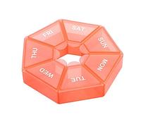 Paquete de 2 pastilleros con 7 rejillas de almacenamiento diario de pastillas dispensador de caramelos portátil para el hogar, viajes, campamento, caja de organización naranja