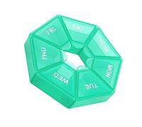 Paquete de 2 pastilleros con 7 rejillas de almacenamiento, dispensador de caramelos, portátil, para el hogar, organizador de viaje, caja contenedor azul y verde