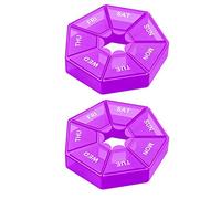 Paquete de 2 pastilleros de plástico con 7 rejillas de almacenamiento diario de píldoras, dispensador de tabletas, portátil, organizador de campamento, caja de contenedor, color morado