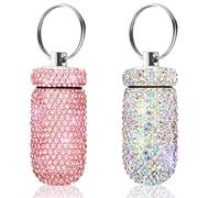 Paquete de 2 pastilleros portátiles con diamantes de imitación brillantes, impermeable, organizador de medicamentos, botella con llavero para acampar al aire libre, bolsillo de viaje