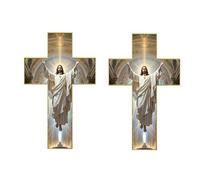Paquete de 2 piezas de arte de pared de cruz, cruz de pared de madera vintage 2D, crucifijo católico colgante realista para bendición del hogar, arte inspirador de paredes de Cristo para iglesia