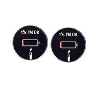 Paquete de 2 pines redondos de aleación con texto en inglés "I'm OK", divertido diseño de batería baja, regalo humorístico y optimista para amigos y compañeros de trabajo, pines circulares para solapa