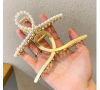 Paquete de 2 pinzas para el cabello dorado mate y perla para mujer, pinzas de metal grandes con perlas para cabello grueso, garras de cangrejo antideslizantes y pasadores cruzados fuertes, accesorios