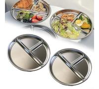 Paquete de 2 platos redondos divididos de acero inoxidable con diseño de 3 secciones para gestión de porciones, platos reutilizables para el hogar, almuerzo de oficina y uso al aire libre