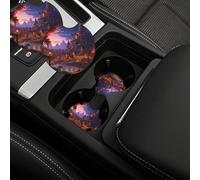 Paquete de 2 posavasos de coche de 2.7 pulgadas, universal, con muesca de dedo, antideslizante, posavasos para bebidas, ciudad de fantasía, lindo tapete para tazas de coche, accesorios interiores de