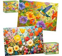 Paquete de 2 rompecabezas para adultos de 1000 piezas, rompecabezas duros de 1000 piezas para adultos, rompecabezas gruesos y duraderos de colibríes y flores para diversión familiar, recuerdos de