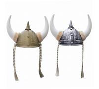 Paquete de 2 sombreros con cuernos y casco vikingo con trenzas, accesorios de disfraz vikingo para adultos y niños, dorado plateado