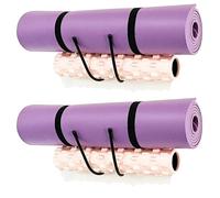 Paquete de 2 soportes grandes para esterilla de yoga, soporte de pared para esterilla de yoga, organizador de estante de pared para esterilla de yoga/ruedas, rodillo de espuma, correa elástica y