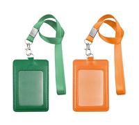 Paquete de 2 soportes para tarjetas de identificación de oficina, cuero sintético, soporte para tarjetas de trabajo con cordón para ranura para tarjetas (verde oscuro, naranja)