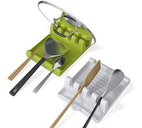 Paquete de 2 soportes para utensilios para estufa, espátula/cucharón/cuchara con almohadilla de goteo y soporte para tapa de olla para cocina, utensilios de cocina, soporte sin goteo, estante