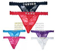 Paquete de 2 tangas de diamantes de imitación personalizadas con nombre personalizado, letras doradas brillantes cosidas a mano, ropa interior personalizada de lujo, las letras están cosidas a mano