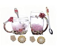 Paquete de 2 tazas de té elegantes, tazas de café de vidrio transparente de 12 onzas con juego de cuchara. Envía 2 posavasos, 2 paños de limpieza, regalos para el día de la madre, diseño esmaltado de