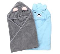 Paquete de 2 toallas de baño para bebé, toalla de baño con capucha, suave forro polar de coral con lindo animal, multiusos para ducha y viajes, azul/gris, 31.5 x 31.5 pulgadas