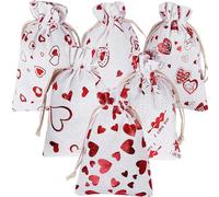 Paquete de 24 bolsas de arpillera de lino con estampado de corazón con cordón, 4 x 6 pulgadas, 6 diseños para manualidades, bodas, despedidas de soltera, regalos de fiesta del día de San Valentín,