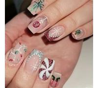 Paquete de 24 clavos para imprimir Navidad color festivo brillante remolino diamantes de imitación diseño floral uñas artificiales conjunto rojo plata remolino uñas postizas