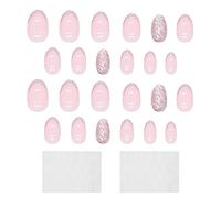 Paquete de 24 esmaltes de uñas falsos, 48 piezas de pegamento para manicura gelatina, esmalte redondo, esmalte con purpurina, esmalte reutilizable, accesorios para mujeres (rosa)