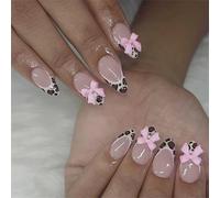 Paquete de 24 uñas postizas con estampado de leopardo con lazos franceses, diseños de estrellas azules, brillantes, para fiestas, festivales de música, puntas francesas