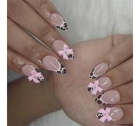 Paquete de 24 uñas postizas con estampado de leopardo y lazos franceses, brillantes para fiestas, festivales de música