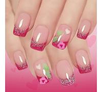 Paquete de 24 uñas postizas cortas con purpurina y diseño de llama, diseño de llama, materiales ABS, fáciles de aplicar, varios tamaños, uñas cuadradas cortas