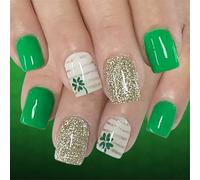 Paquete de 24 uñas postizas cortas de plástico ABS de larga duración, color verde claro, patrón francés para uñas a presión de larga duración