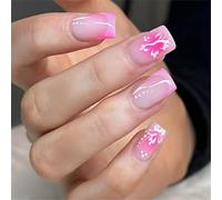 Paquete de 24 uñas postizas cuadradas cortas con flores francesas, patrón dulce y elegante para mujer, uñas artificiales ligeras