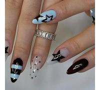 Paquete de 24 uñas postizas de color azul claro, con diseño de lunares y estrellas, almendras, brillantes para mujer, diseño de larga duración, fácil aplicación, patrón de estrella azul