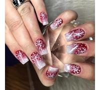 Paquete de 24 uñas postizas de temporada, patrón de copo de nieve, color rojo y blanco, fáciles de aplicar, uñas postizas para fiestas, bodas, celebraciones, ABS, diseño de invierno