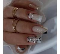 Paquete de 24 uñas postizas en forma de V en blanco y negro, diseño de corazón francés con perlas brillantes y textura a presión en las uñas