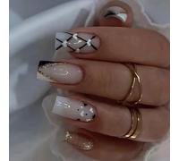 Paquete de 24 uñas postizas en forma de V en blanco y negro, diseño de corazón francés con perlas brillantes y texturas, uñas para el día de San Valentín