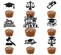 Paquete de 25 adornos para cupcakes de graduación de la Facultad de Derecho 2025 - Decoración de pastel con purpurina negra VARA on tapa de graduación, martillo, diseños de escamas para la clase de