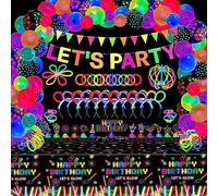 Paquete de 255 Artículos Para Fiestas de Neón Luminoso Palitos Luminosos Decoración Para Fiestas Set de Decoración Reactiva A La Luz Negra - Banderola, Globos Luminosos, Manteles, Palitos Luminosos