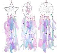 Paquete de 3 atrapasueños rosa con estrella, luna y sol, decoración de pared para dormitorio, decoración colgante de habitación de niñas, arte de pared bohemio para dormitorio de niñas, decoración de