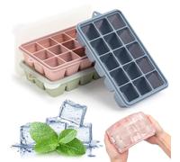 Paquete de 3 bandejas de silicona para cubitos de hielo, 15 bandejas de hielo cuadradas con tapa, moldes de cubitos de hielo de fácil liberación para cóctel, whisky, comida para bebés, chocolate