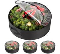 Paquete de 3 bolsas de almacenamiento de corona de Navidad con ventana transparente - Organizador impermeable negro de PE/PVC para decoración navideña, guirnaldas y adornos | Cierre de cremallera y