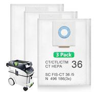 Paquete de 3 bolsas de filtro desechables 496186 para extractor de polvo Festool CT 36 / CTM 36 E/CTL 36 E CLEANTEC Series, bolsa de polvo al vacío de gran capacidad para Festool SC FIS-CT 36/5