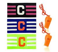 Paquete de 3 brazaletes de capitán de fútbol con 2 silbatos naranjas, accesorios deportivos de equipo, brazaletes elásticos, unisex, adecuado para múltiples deportes de pelota